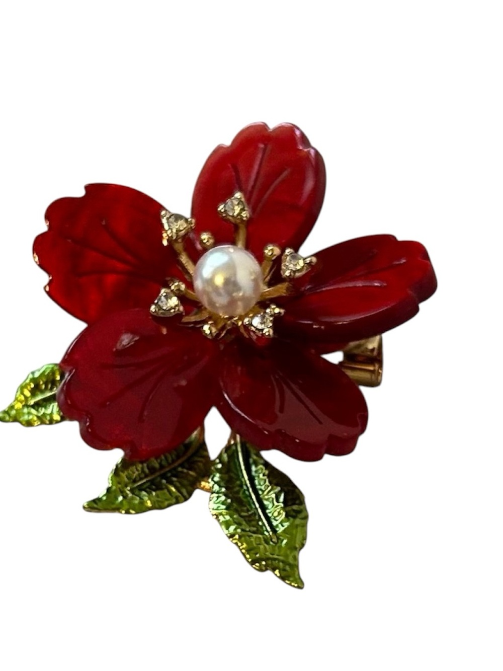 Red Flower Faux Pearl Accent Brooch/Pin